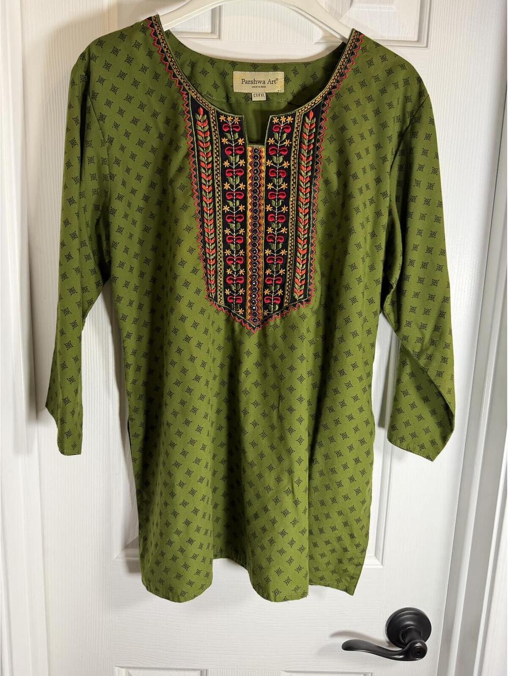 Parshwa Art Olive Green Embroidered Kurti Tunic